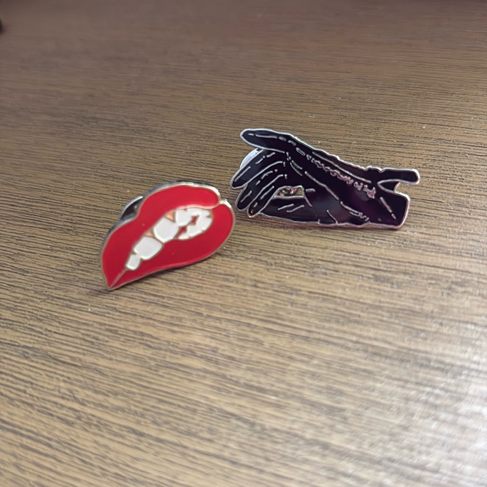 Enamel Pin set: black leather glove & red lipstick biting lips